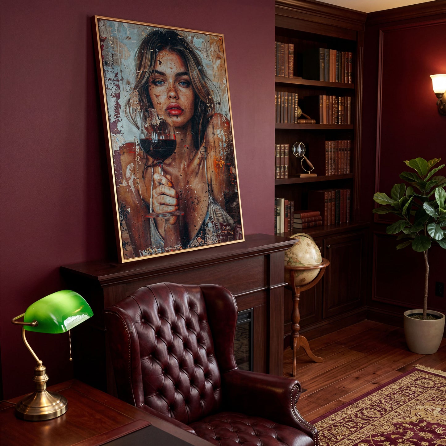 Woman with Red Wine Canvas Print in antique gold floating frame