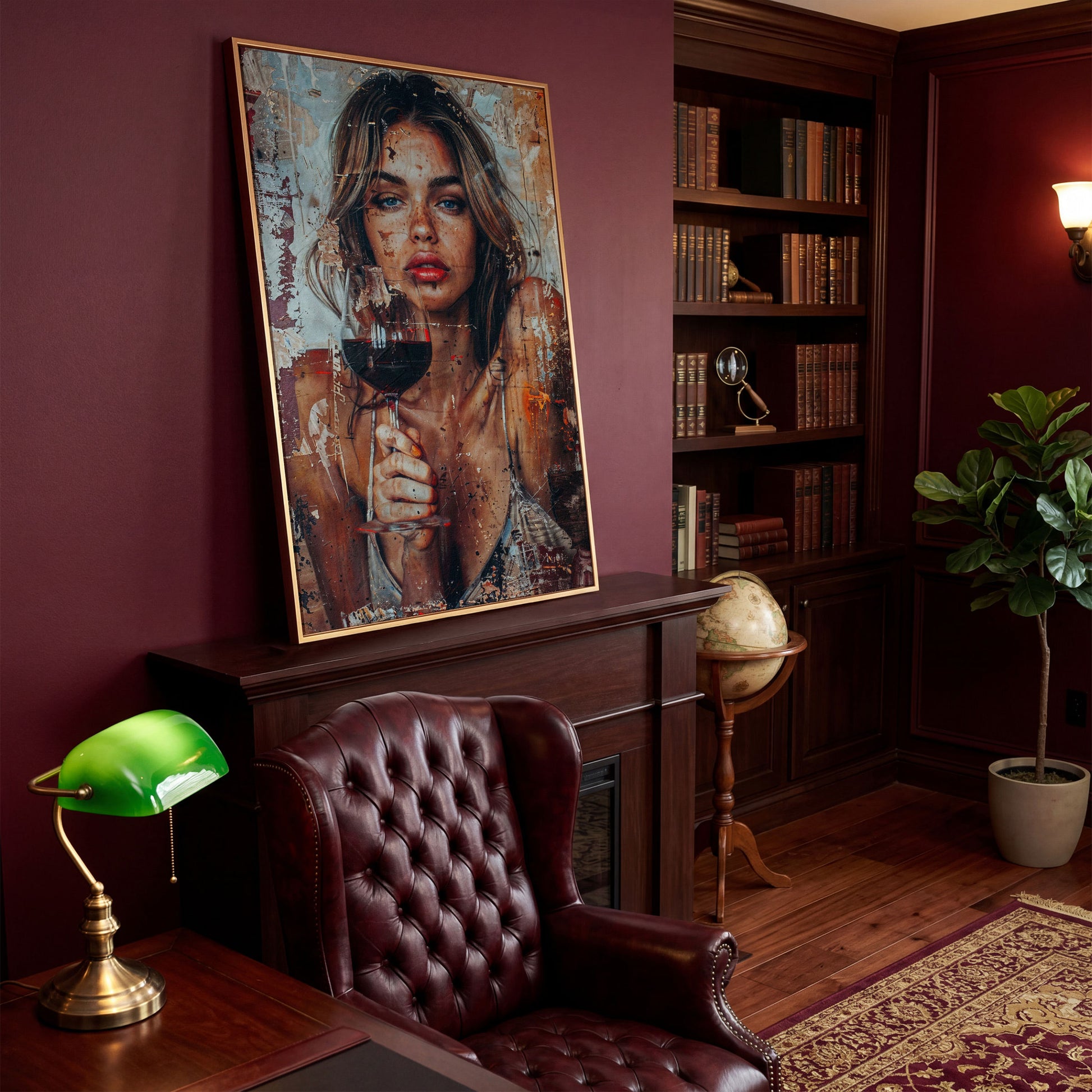 Woman with Red Wine Canvas Print in antique gold floating frame