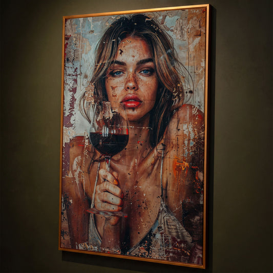 Woman with Red Wine Canvas Print shown in antique gold floating frame