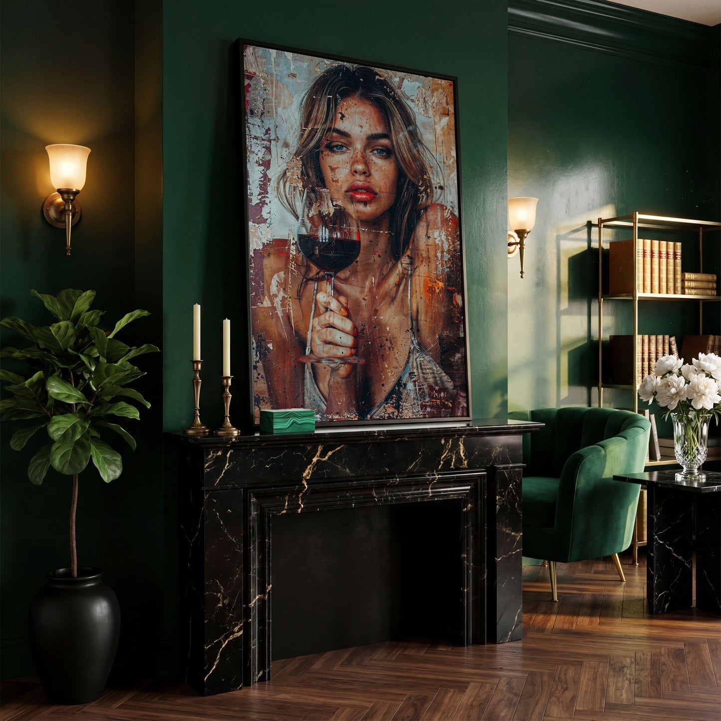 Woman with Red Wine Canvas Print in black floating frame