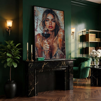 Woman with Red Wine Canvas Print in black floating frame
