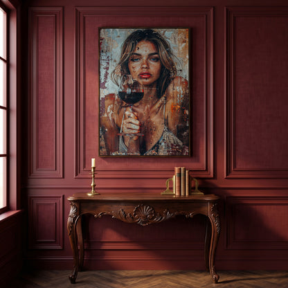 Woman with Red Wine Canvas Print in dark walnut floating frame