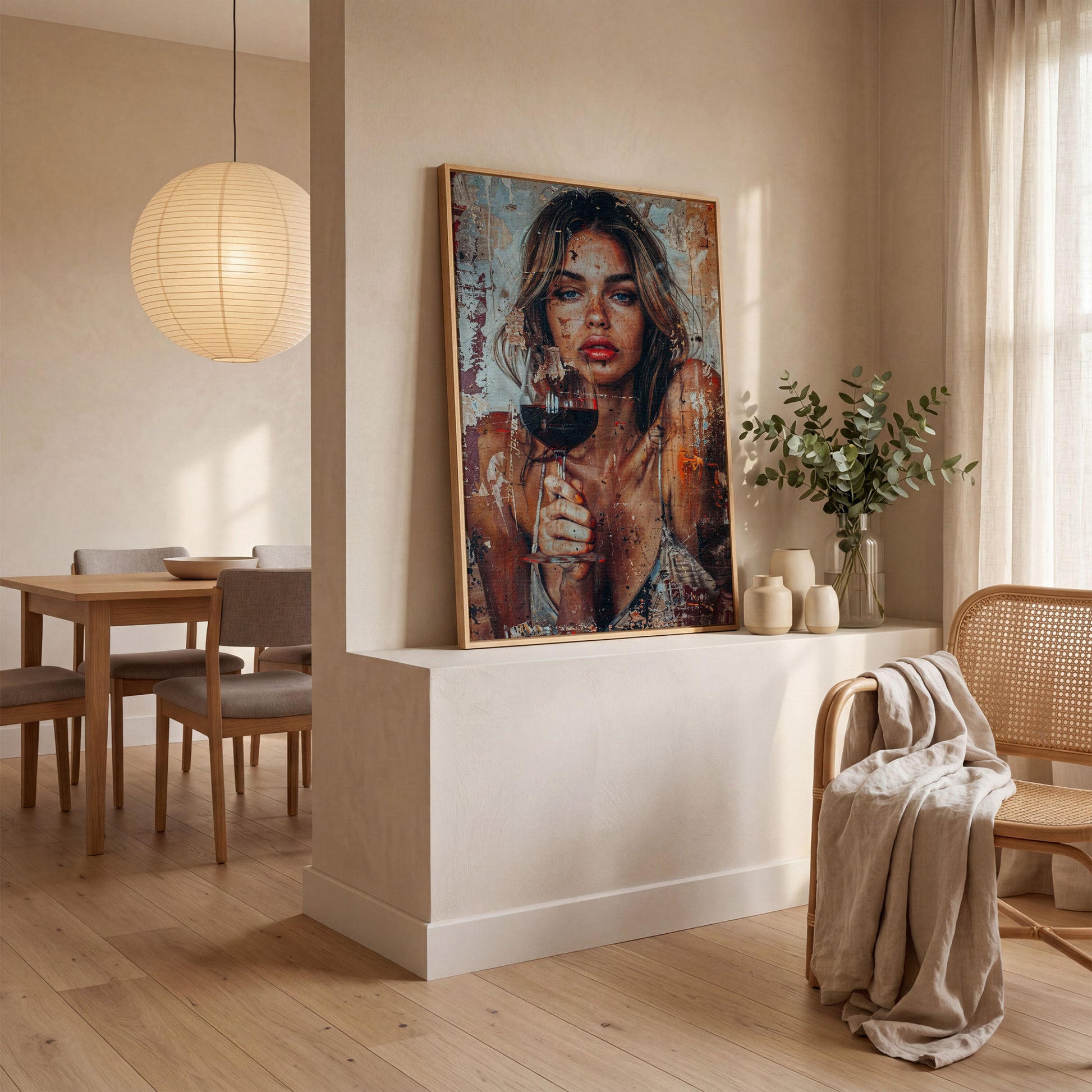 Woman with Red Wine Canvas Print in white oak floating frame