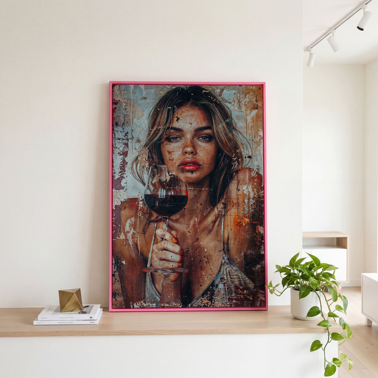 Woman with Red Wine Canvas Print in pink floating frame