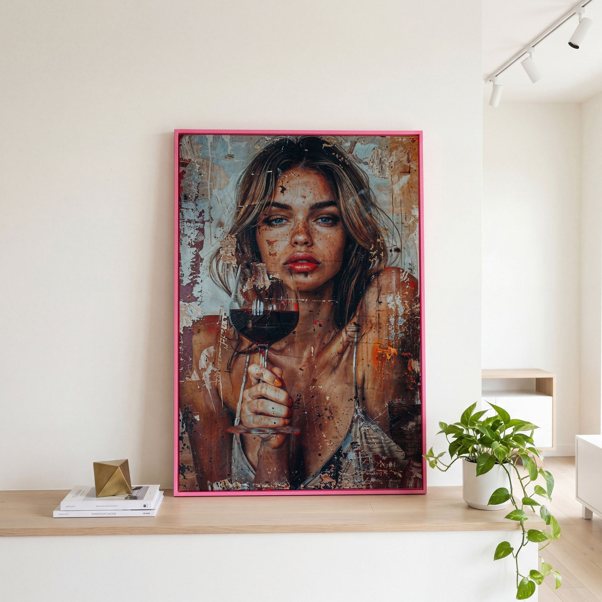 Woman with Red Wine Canvas Print in pink floating frame