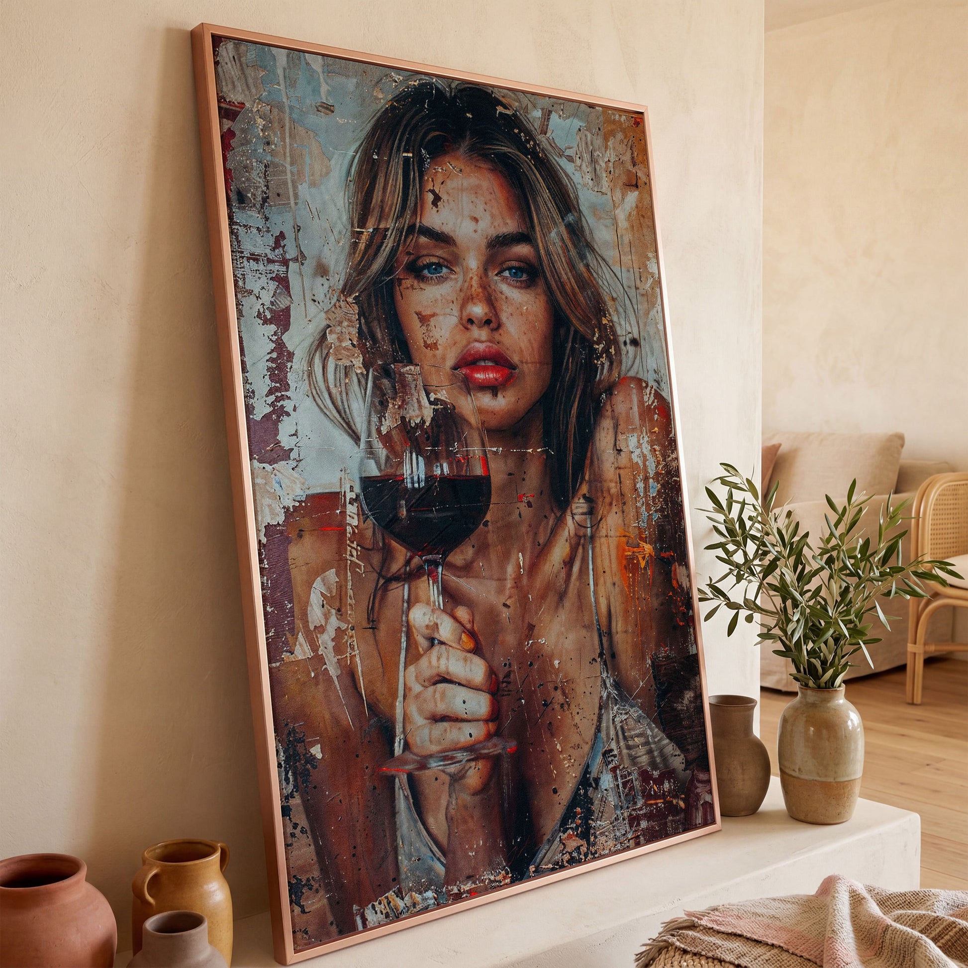 Woman with Red Wine Canvas Print in rose gold floating frame