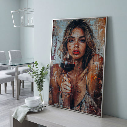 Woman with Red Wine Canvas Print in silver floating frame