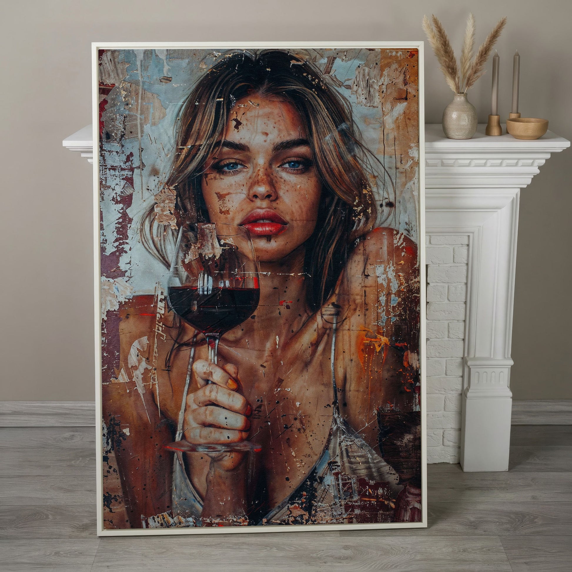 Woman with Red Wine Canvas Print in white floating frame