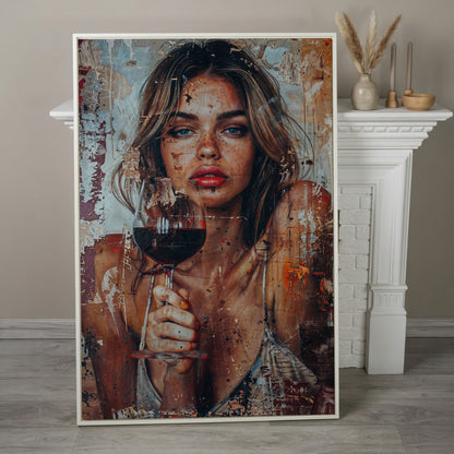 Woman with Red Wine Canvas Print in white floating frame