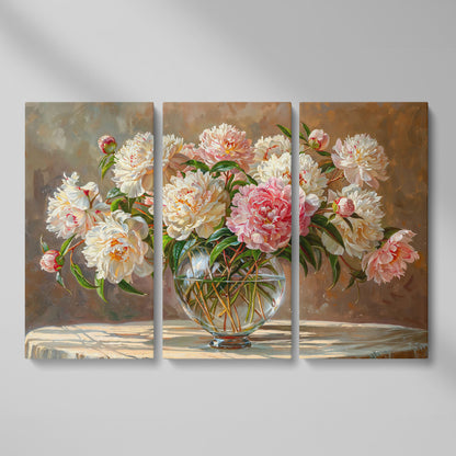 Peonies in Crystal Vase Canvas Art as 3-panel split version