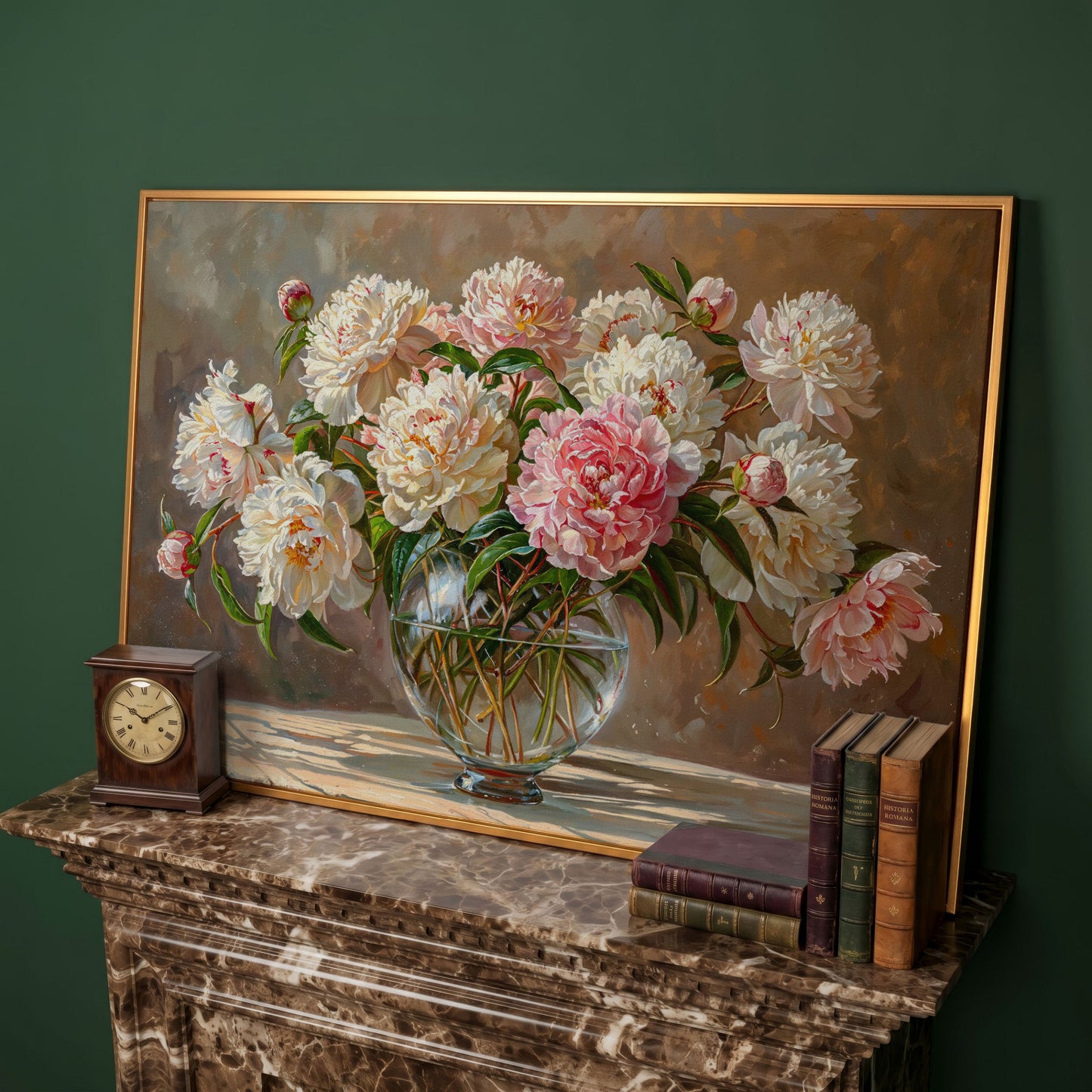 Peonies in Crystal Vase Canvas Art in antique gold floating frame