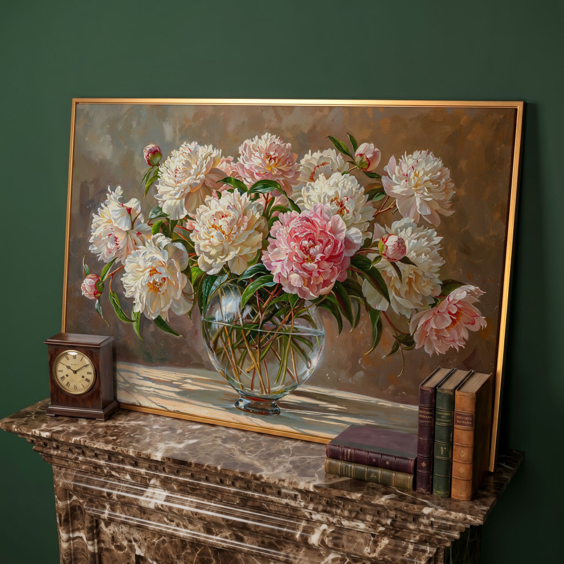 Peonies in Crystal Vase Canvas Art in antique gold floating frame