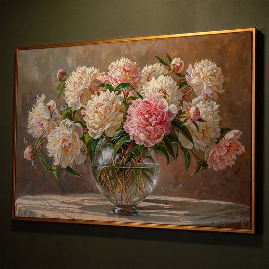 Peonies in Crystal Vase Canvas Art shown in antique gold floating frame