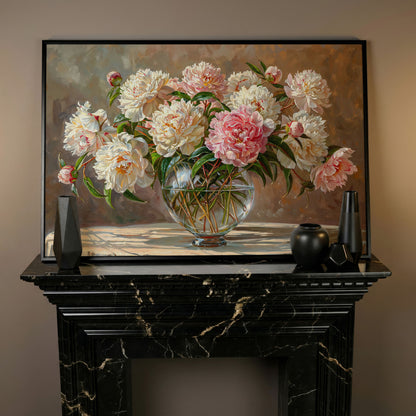 Peonies in Crystal Vase Canvas Art in black floating frame