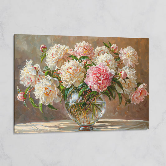 Peonies in Crystal Vase Canvas Art on gallery wrap