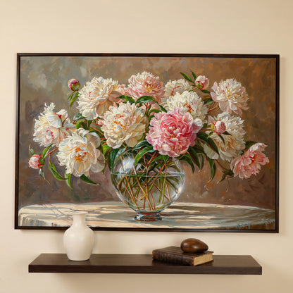 Peonies in Crystal Vase Canvas Art in dark walnut floating frame