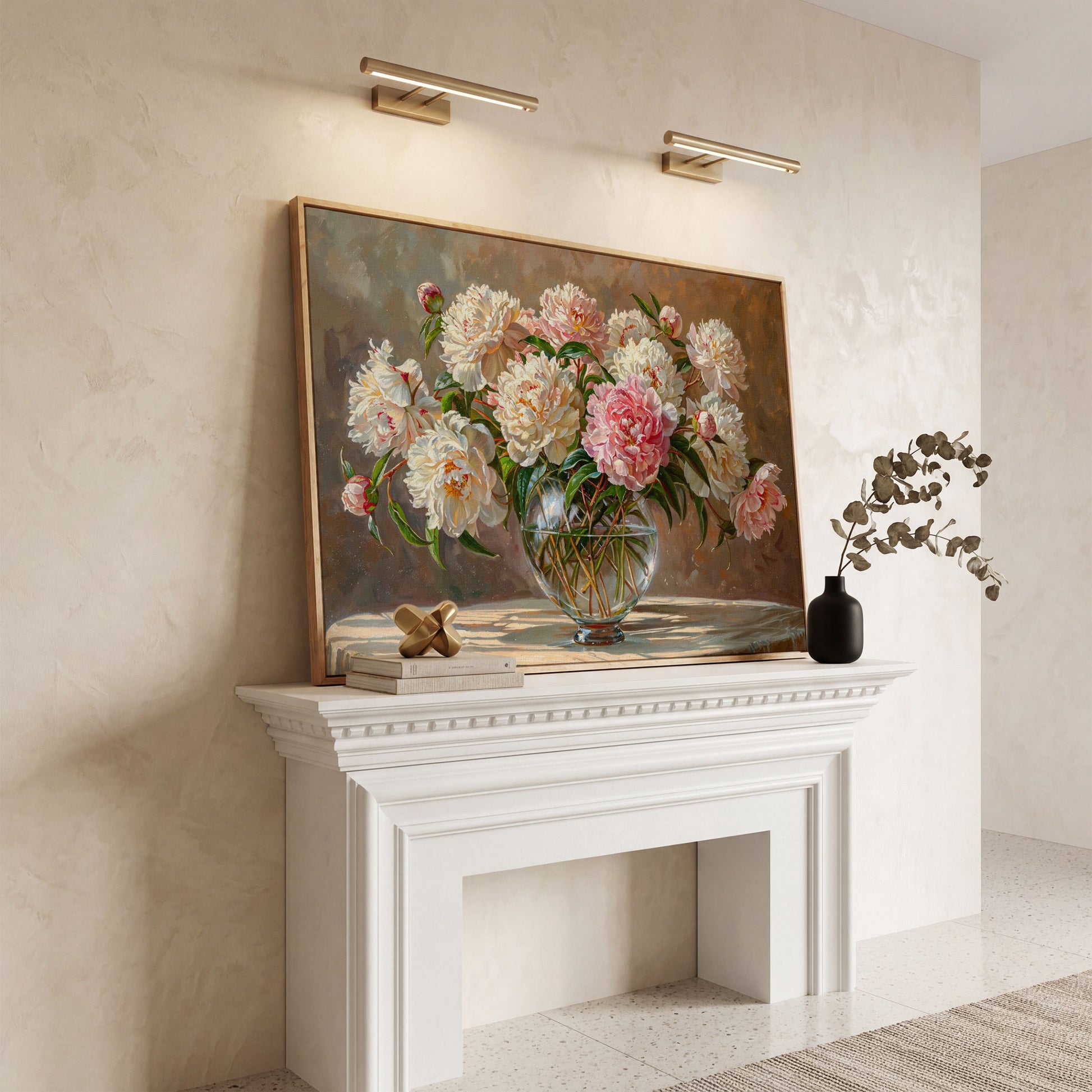 Peonies in Crystal Vase Canvas Art in white oak floating frame