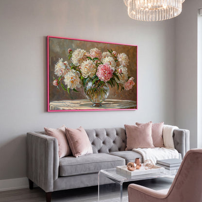 Peonies in Crystal Vase Canvas Art in pink floating frame