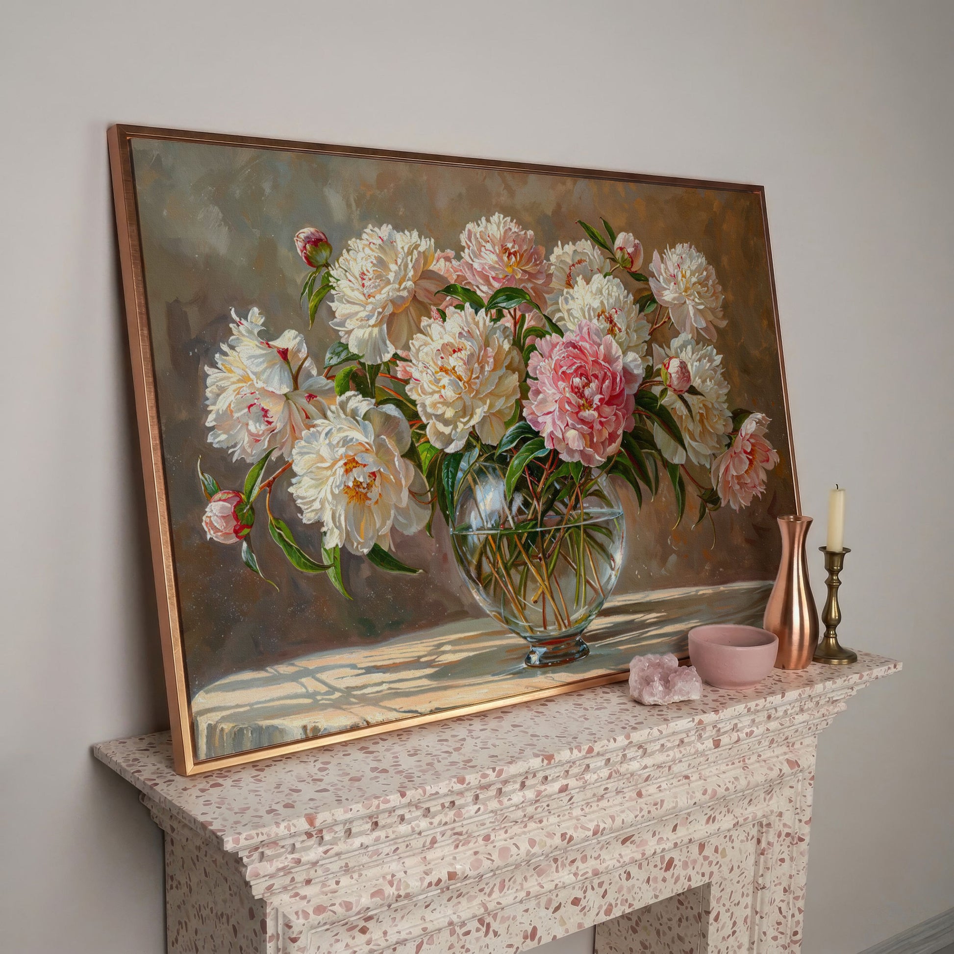 Peonies in Crystal Vase Canvas Art in rose gold floating frame