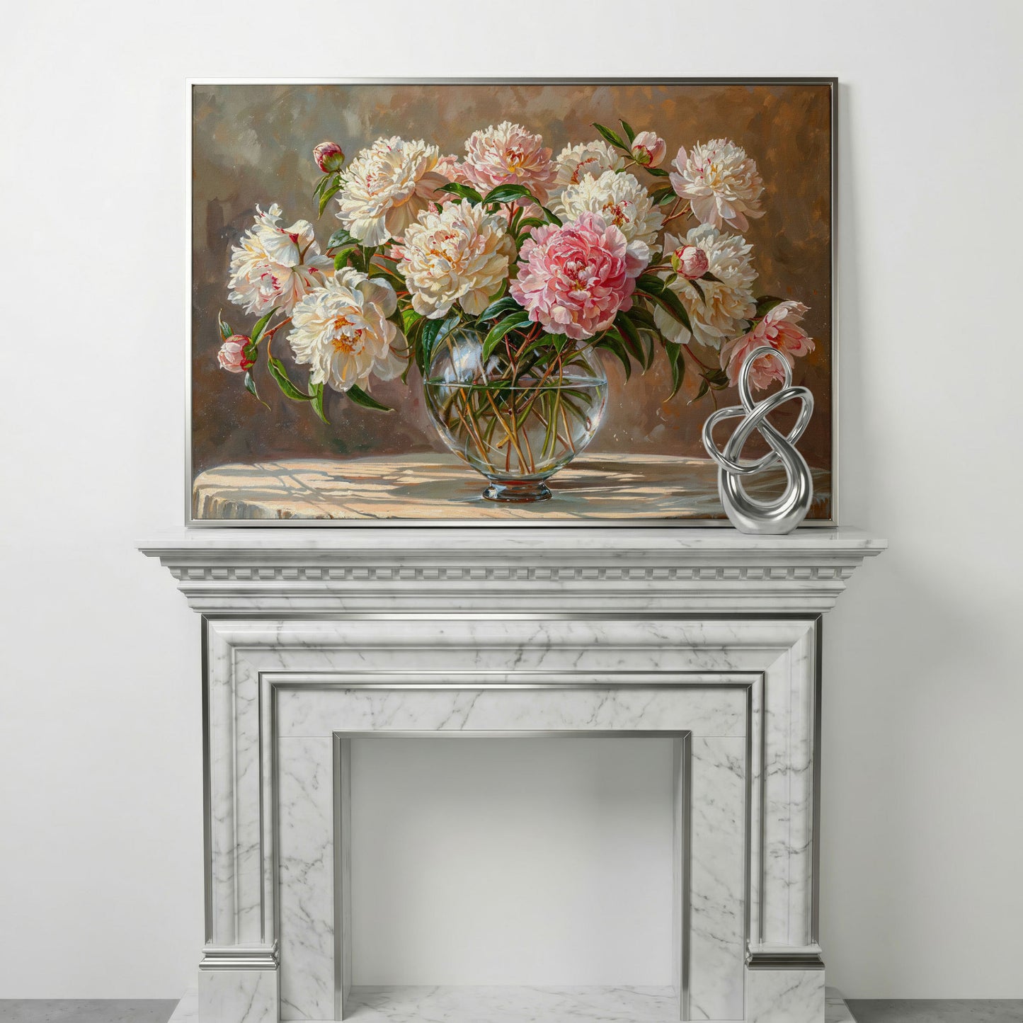 Peonies in Crystal Vase Canvas Art in silver floating frame