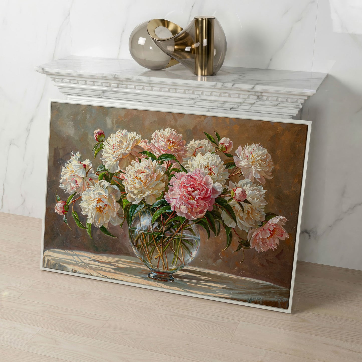 Peonies in Crystal Vase Canvas Art in white floating frame