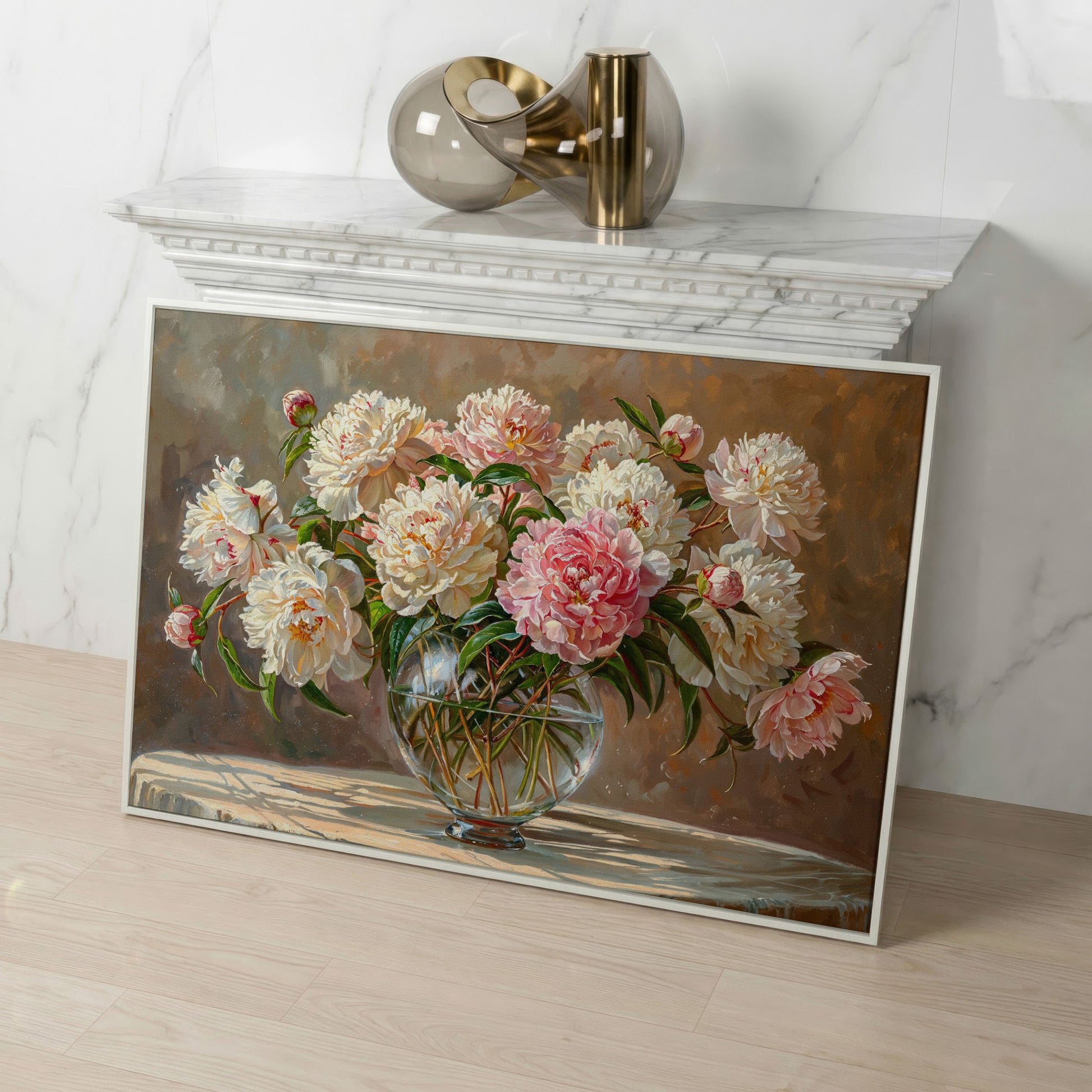 Peonies in Crystal Vase Canvas Art in white floating frame