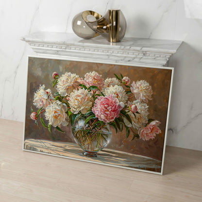 Peonies in Crystal Vase Canvas Art in white floating frame