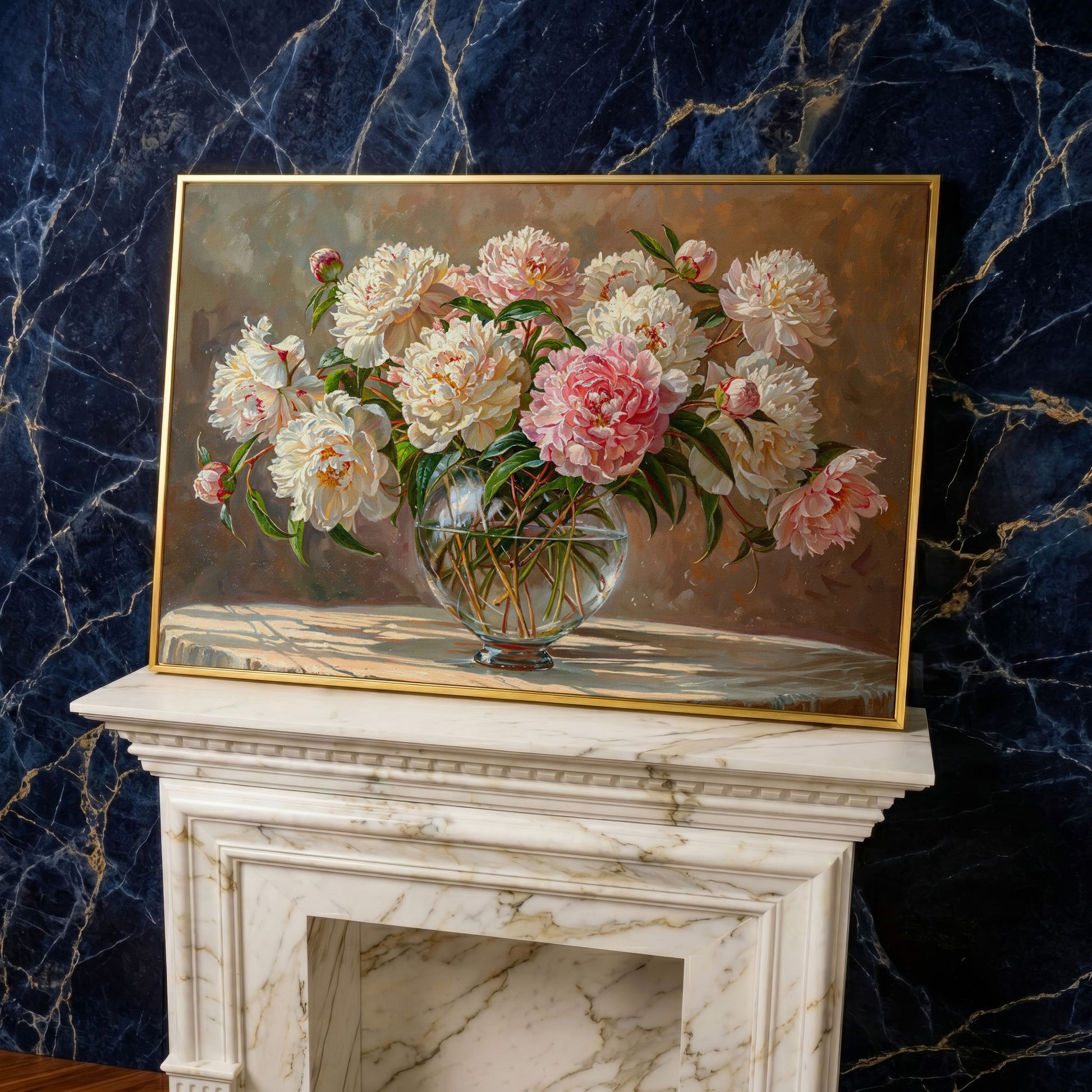 Peonies in Crystal Vase Canvas Art in yellow gold floating frame