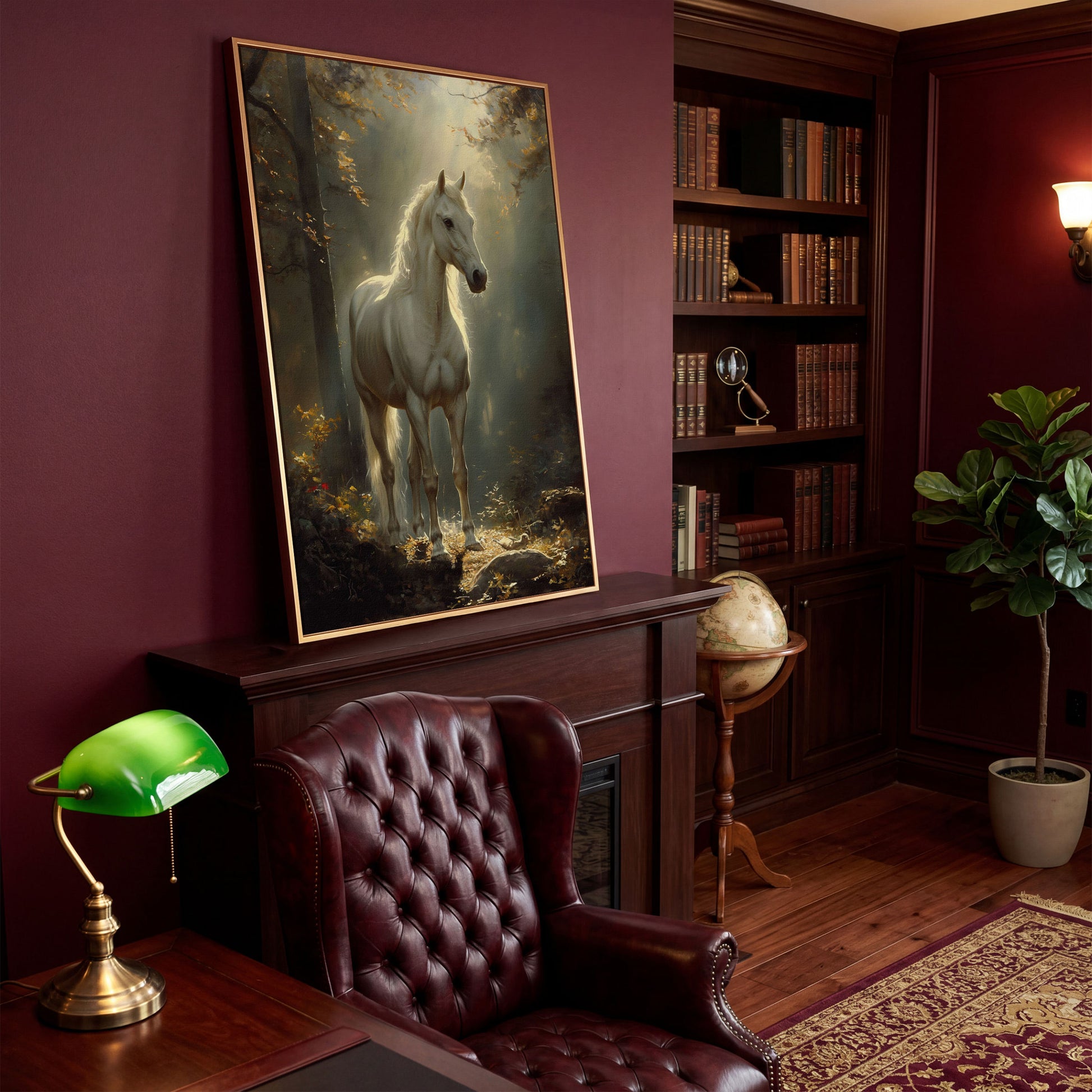 White Horse in Sunlit Woods Canvas in antique gold floating frame