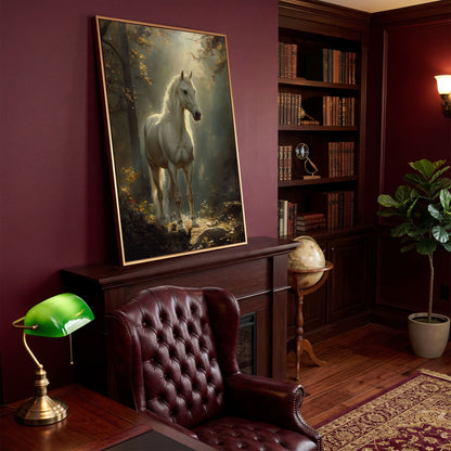 White Horse in Sunlit Woods Canvas in antique gold floating frame