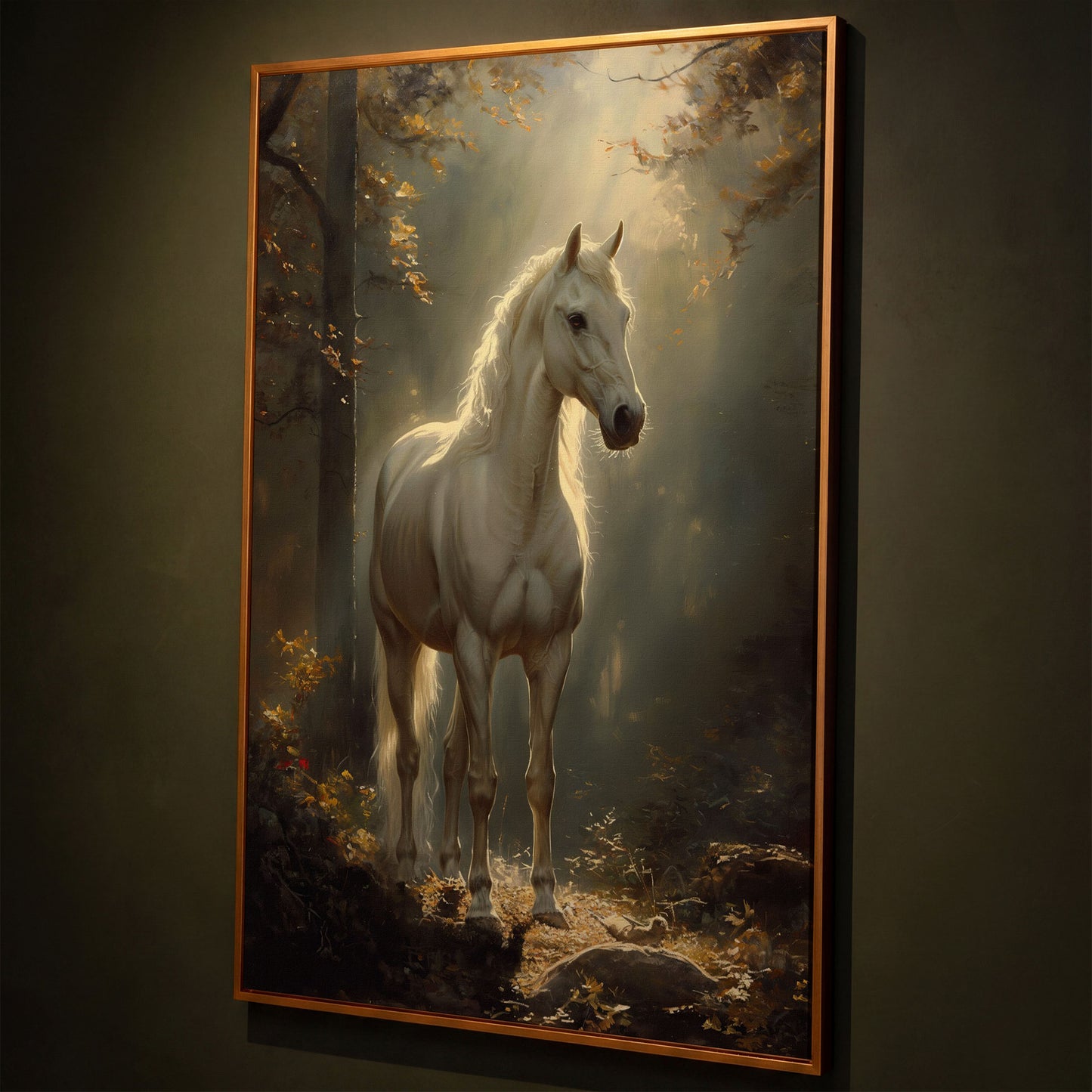 White Horse in Sunlit Woods Canvas shown in antique gold floating frame