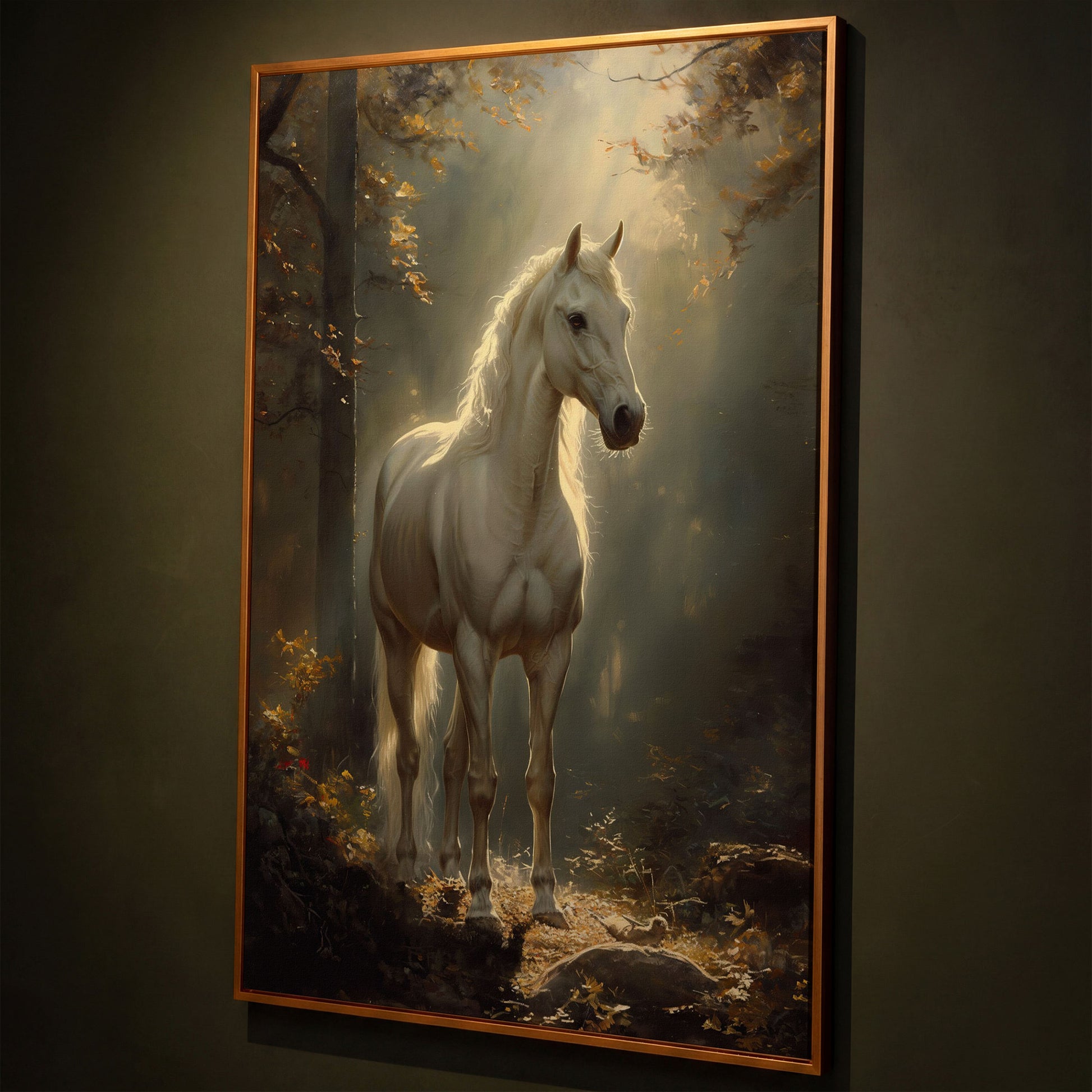 White Horse in Sunlit Woods Canvas shown in antique gold floating frame