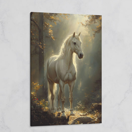 White Horse in Sunlit Woods Canvas on gallery wrap