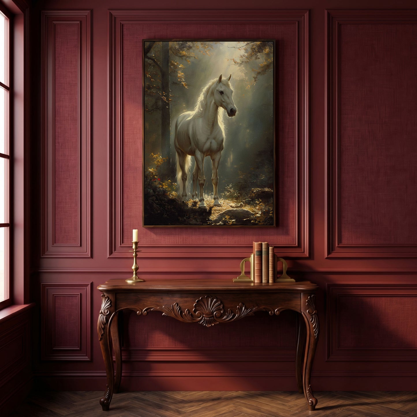 White Horse in Sunlit Woods Canvas in dark walnut floating frame