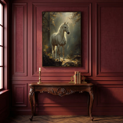 White Horse in Sunlit Woods Canvas in dark walnut floating frame