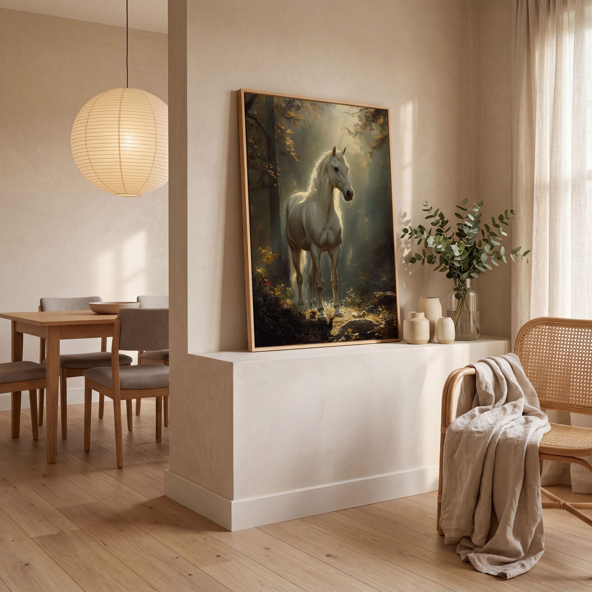 White Horse in Sunlit Woods Canvas in white oak floating frame