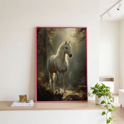 White Horse in Sunlit Woods Canvas in pink floating frame