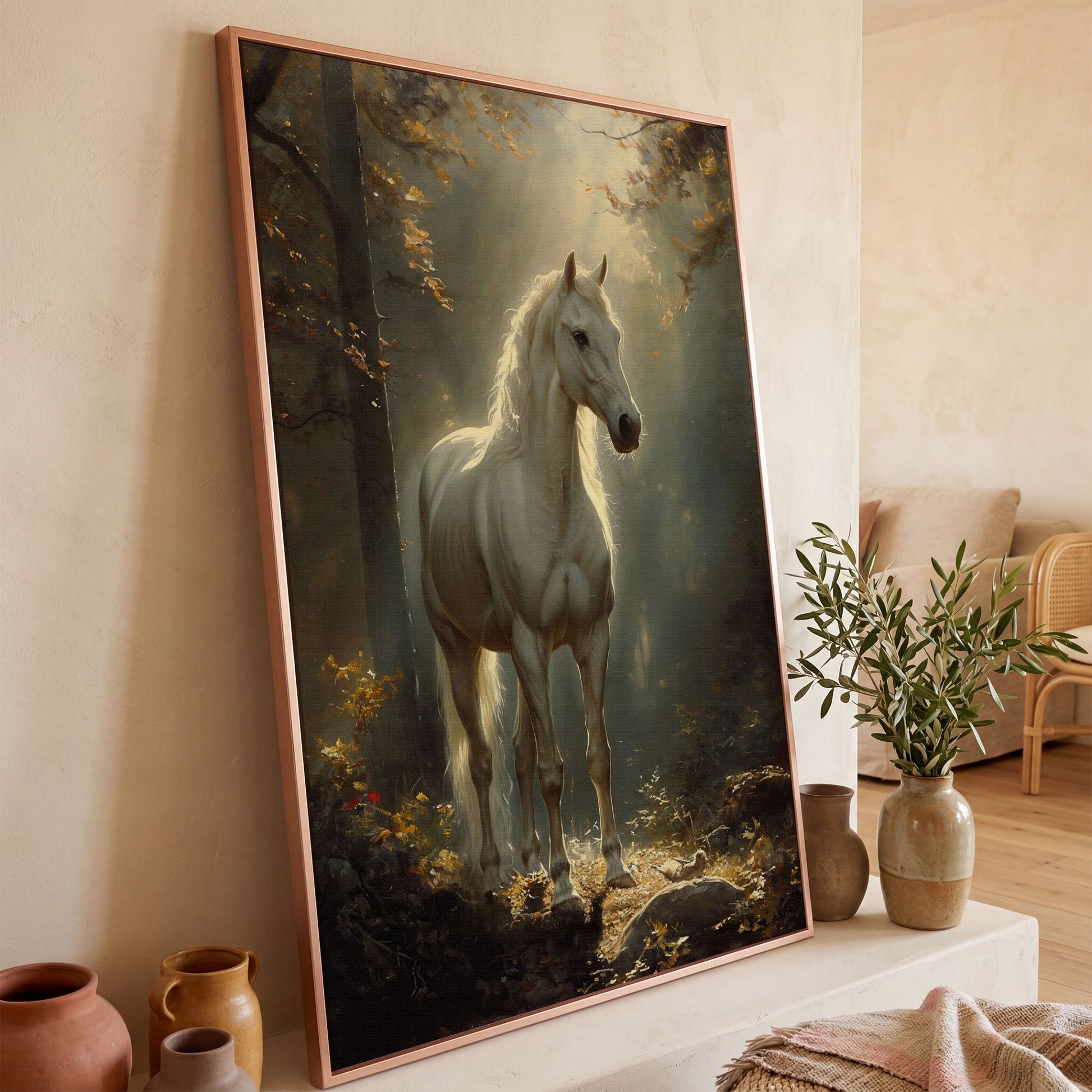 White Horse in Sunlit Woods Canvas in rose gold floating frame