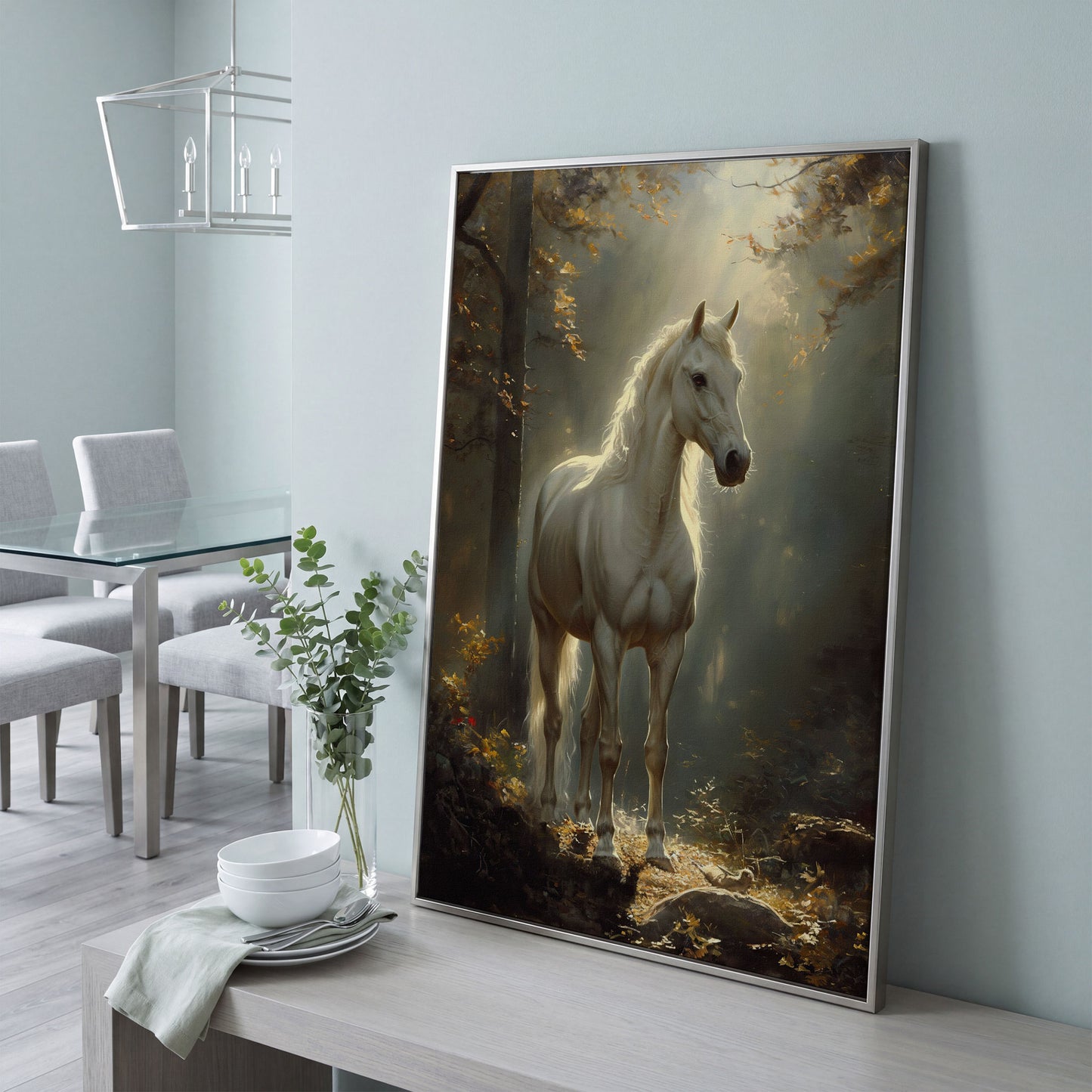 White Horse in Sunlit Woods Canvas in silver floating frame