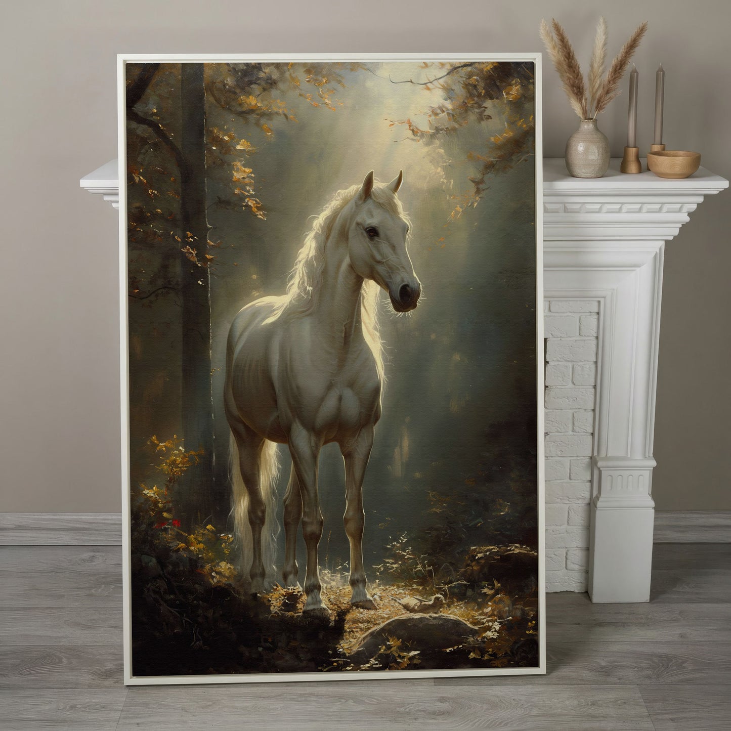 White Horse in Sunlit Woods Canvas in white floating frame