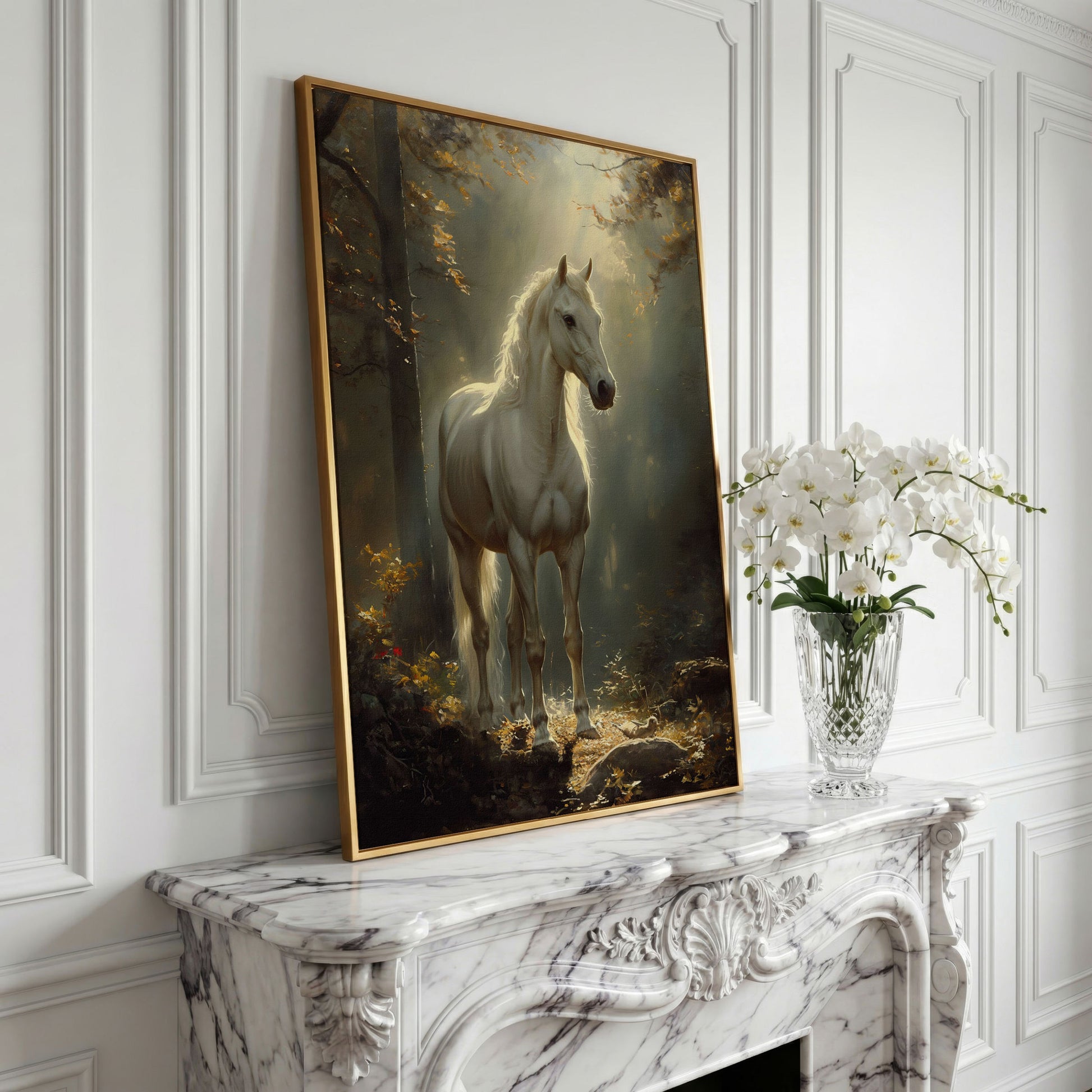 White Horse in Sunlit Woods Canvas in yellow gold floating frame