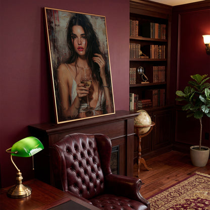 Woman with White Wine Canvas Print in antique gold floating frame