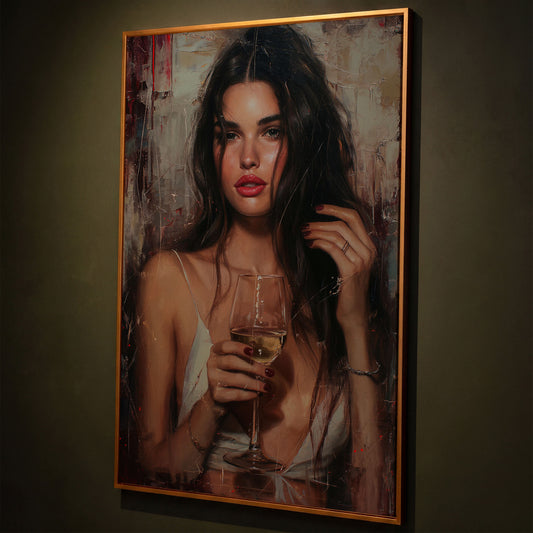 Woman with White Wine Canvas Print shown in antique gold floating frame