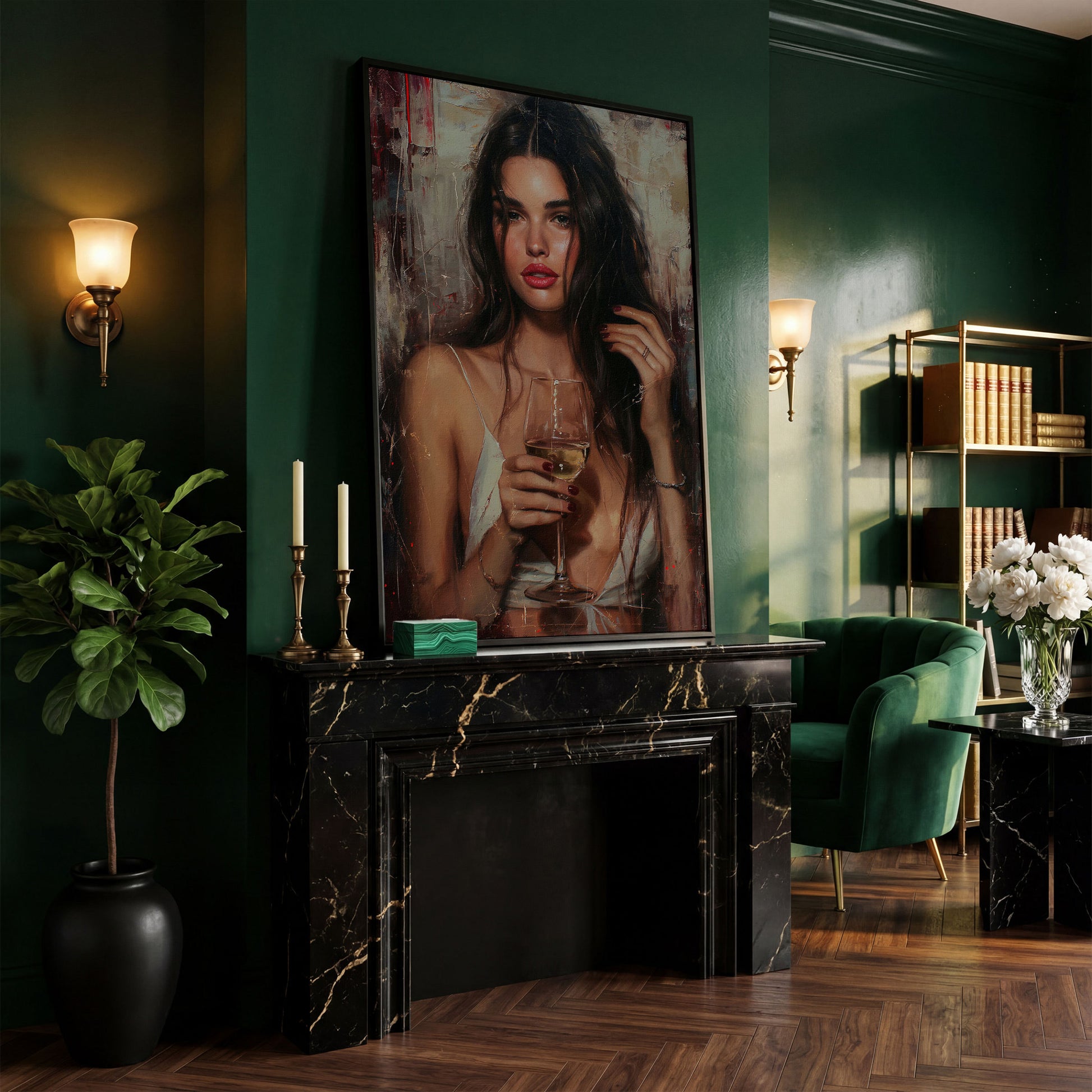 Woman with White Wine Canvas Print in black floating frame