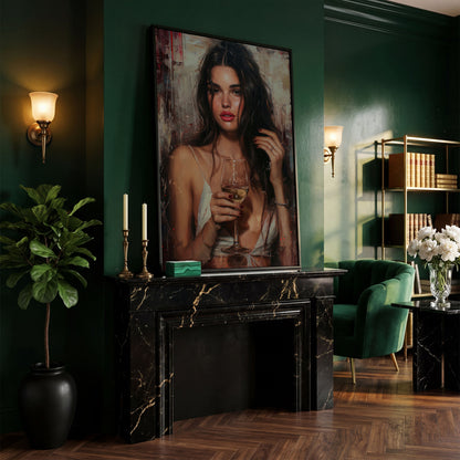 Woman with White Wine Canvas Print in black floating frame