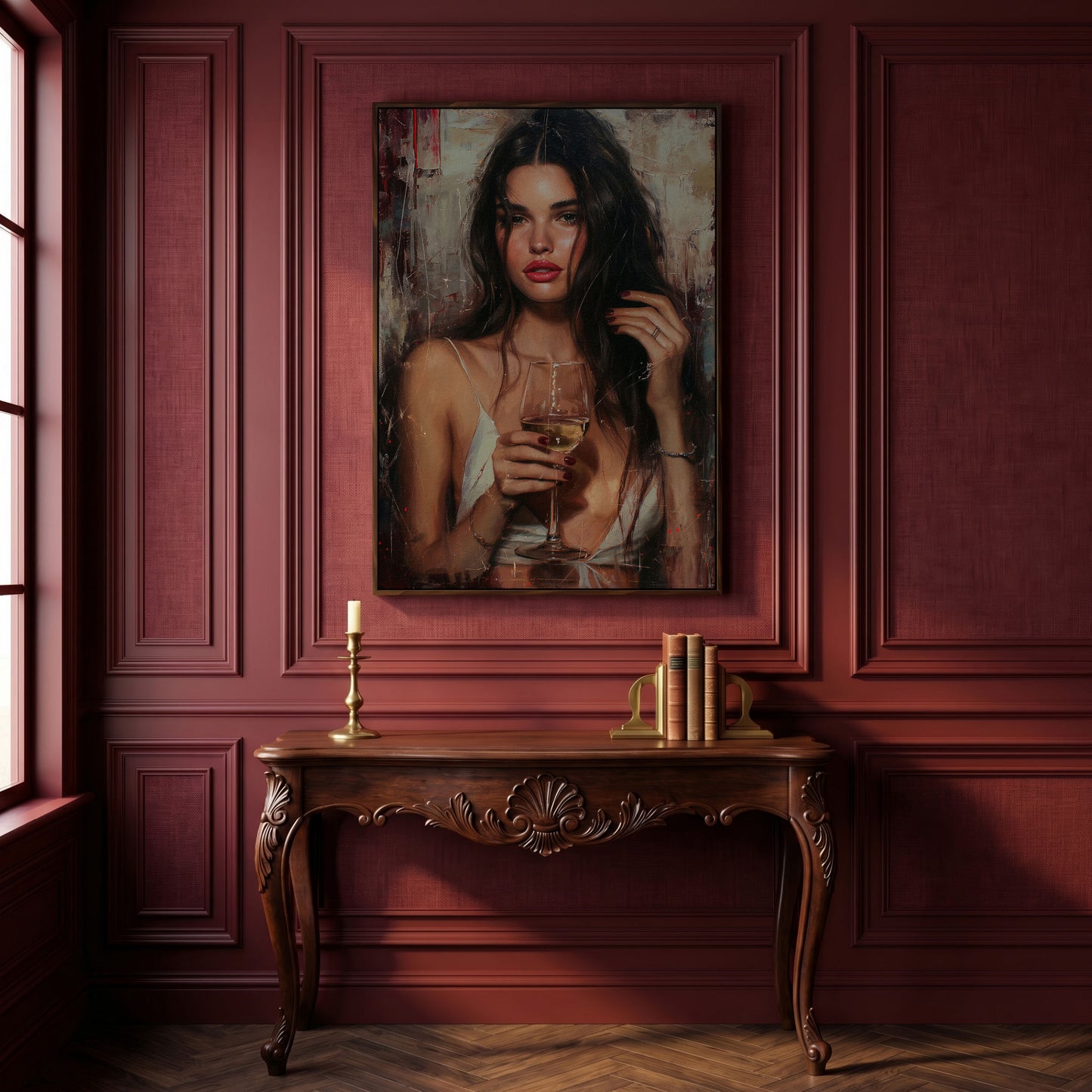 Woman with White Wine Canvas Print in dark walnut floating frame