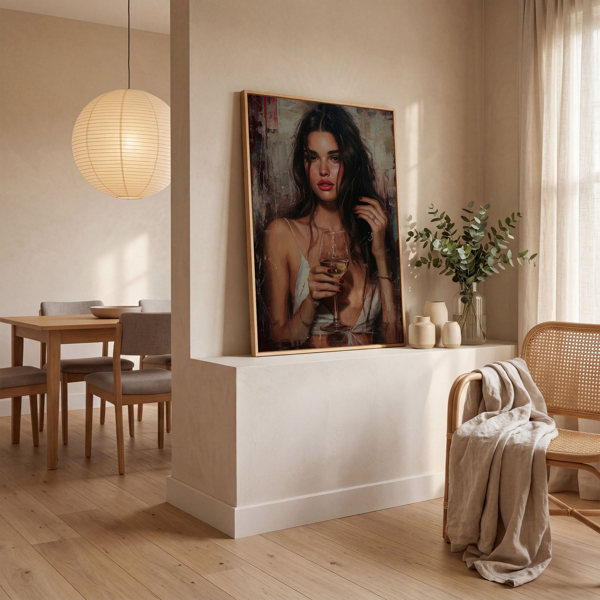 Woman with White Wine Canvas Print in white oak floating frame
