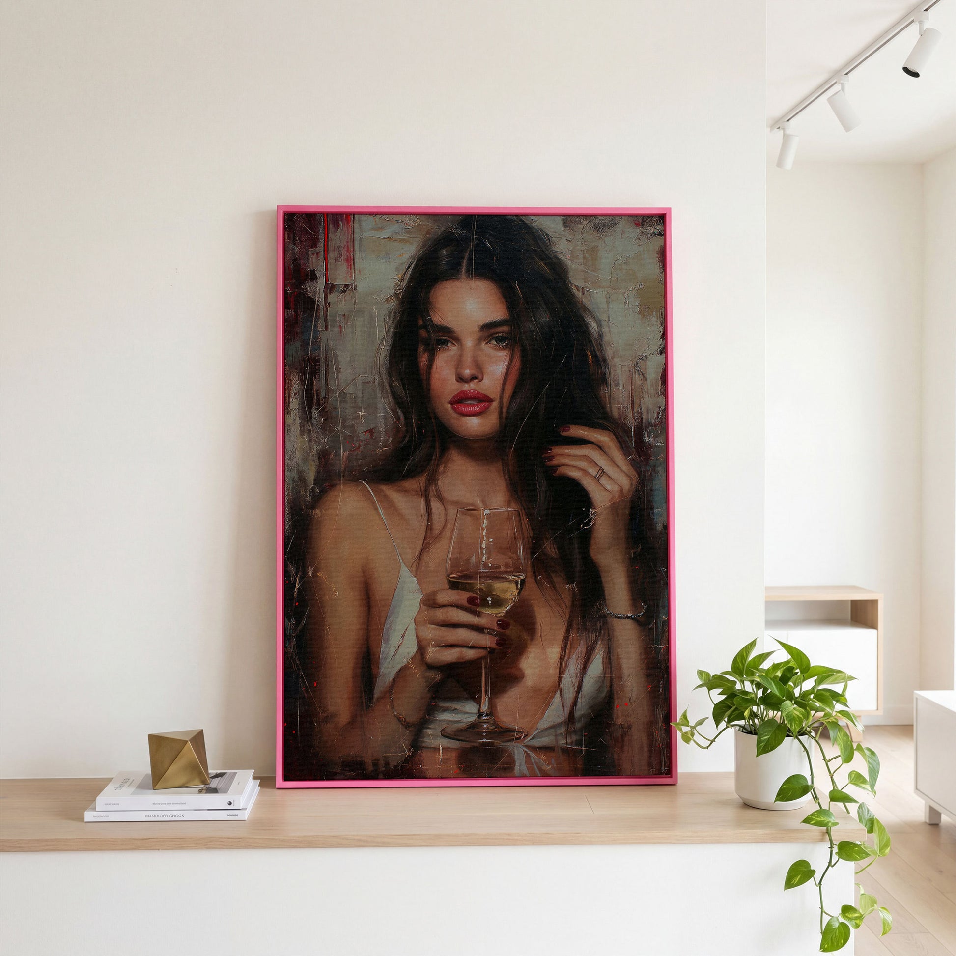 Woman with White Wine Canvas Print in pink floating frame