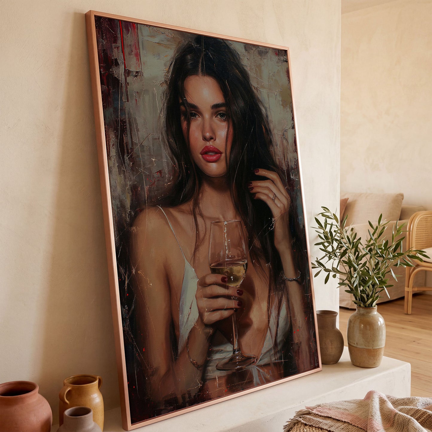 Woman with White Wine Canvas Print in rose gold floating frame