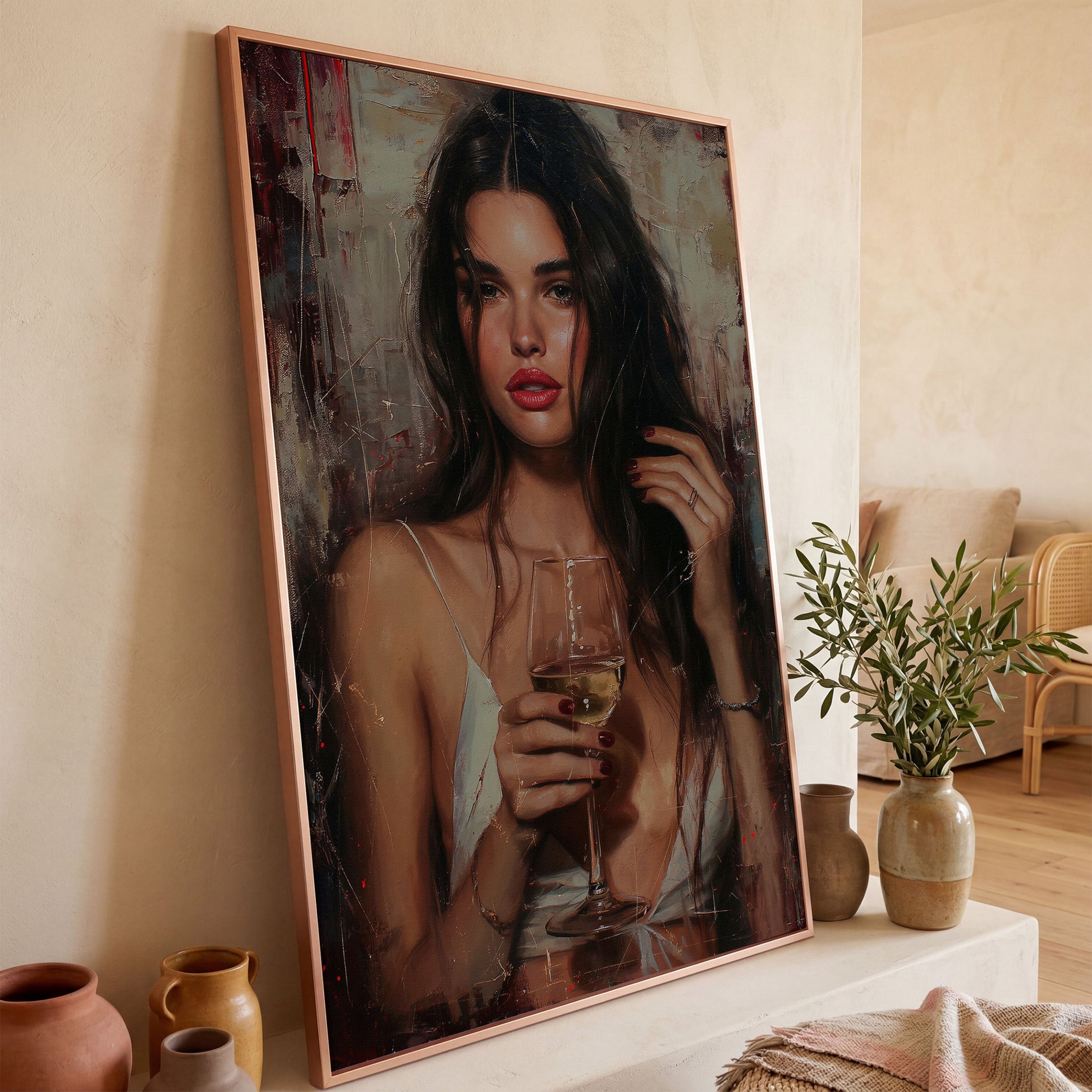 Woman with White Wine Canvas Print in rose gold floating frame